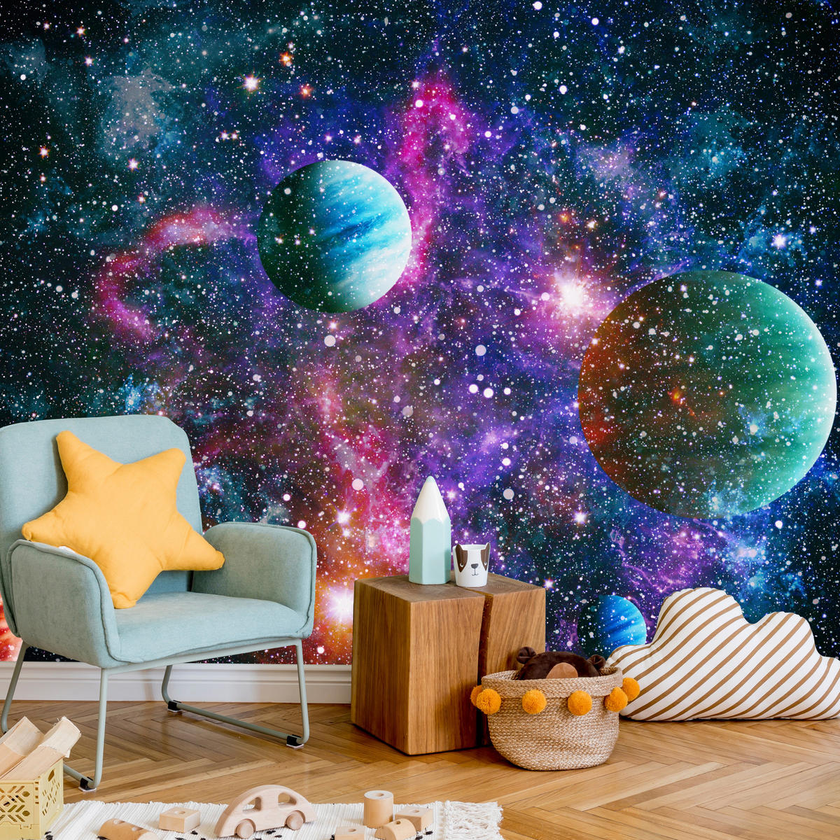 FOTOTAPETE für Schlafzimmer Bunte Planeten Sternenhimmel Kosmos 500x350 - Rot/Violett, Papier (500/350cm) - Muralo