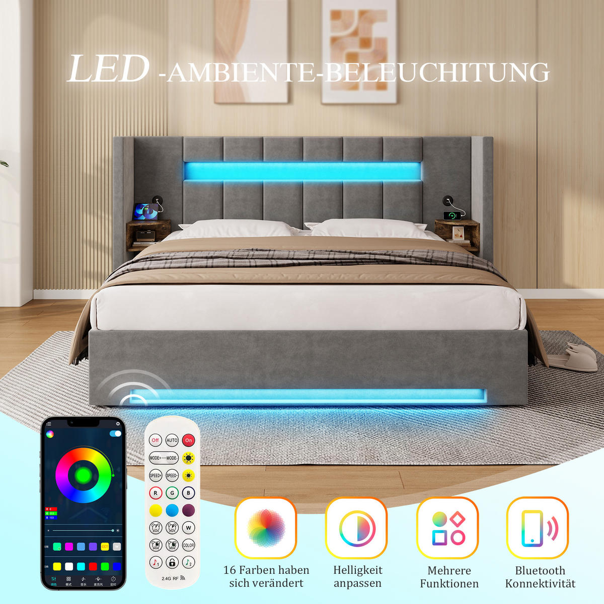POLSTERBETT 180/200 cm Dunkelgrau mit 2 USB und LED-Licht - Dunkelgrau, Textil (180/200cm) - Oxeza