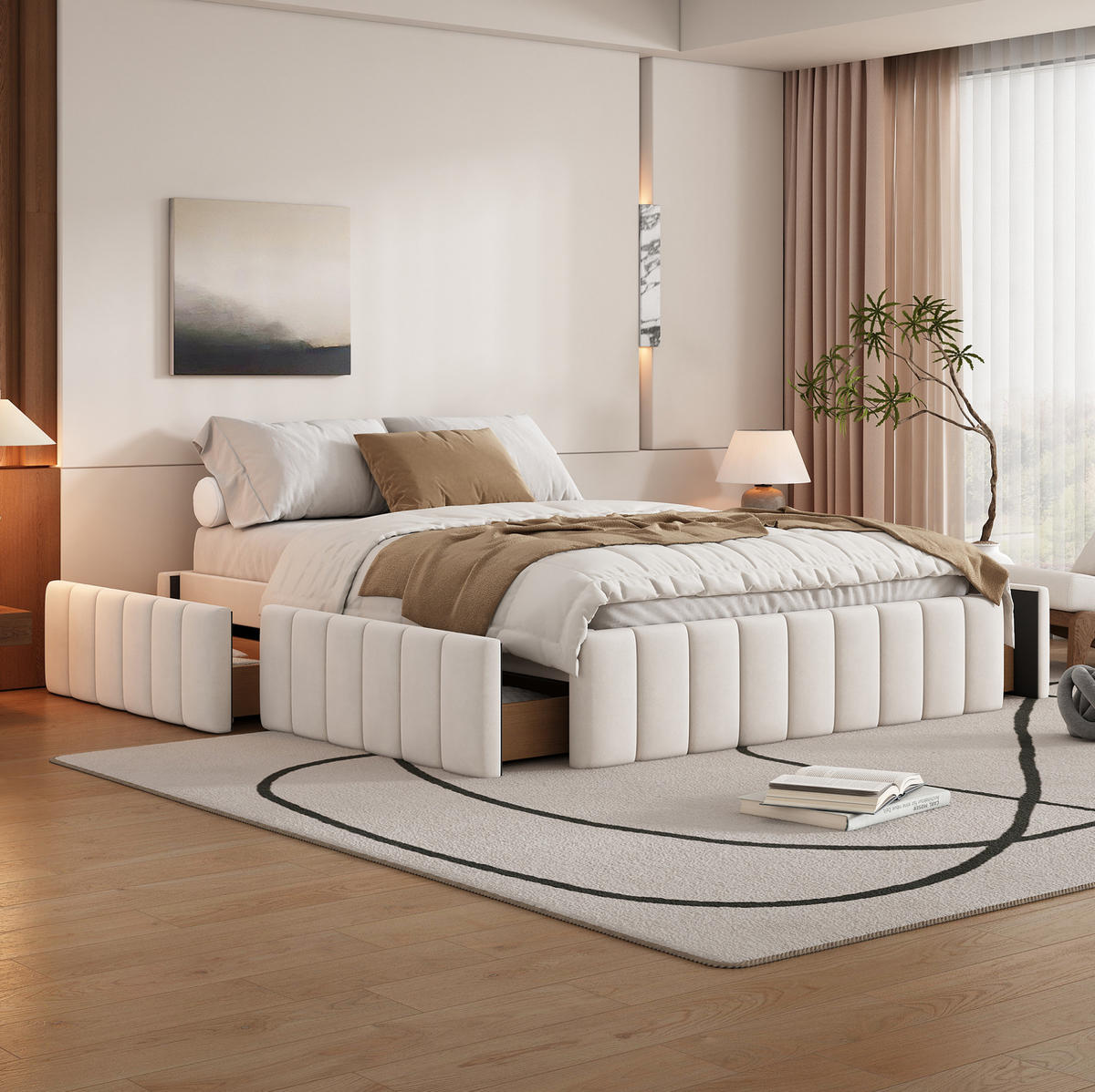 POLSTERBETT 140/200 cm mit Lattenrost und 4 Schubladen aus Samt, Beige - Beige, Textil (140/200cm) - Redom