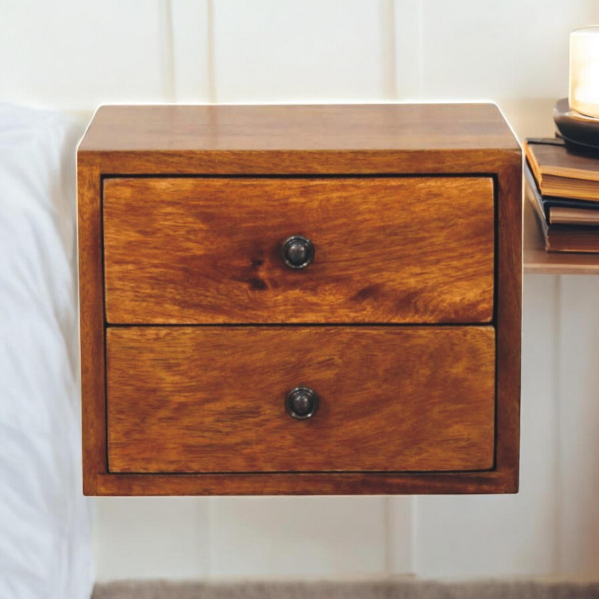 NACHTTISCH Solis, wandmontiert, Braun. - Messingfarben/Braun, Mangoholz/Holz (30/24/35cm) - Artisan Furniture