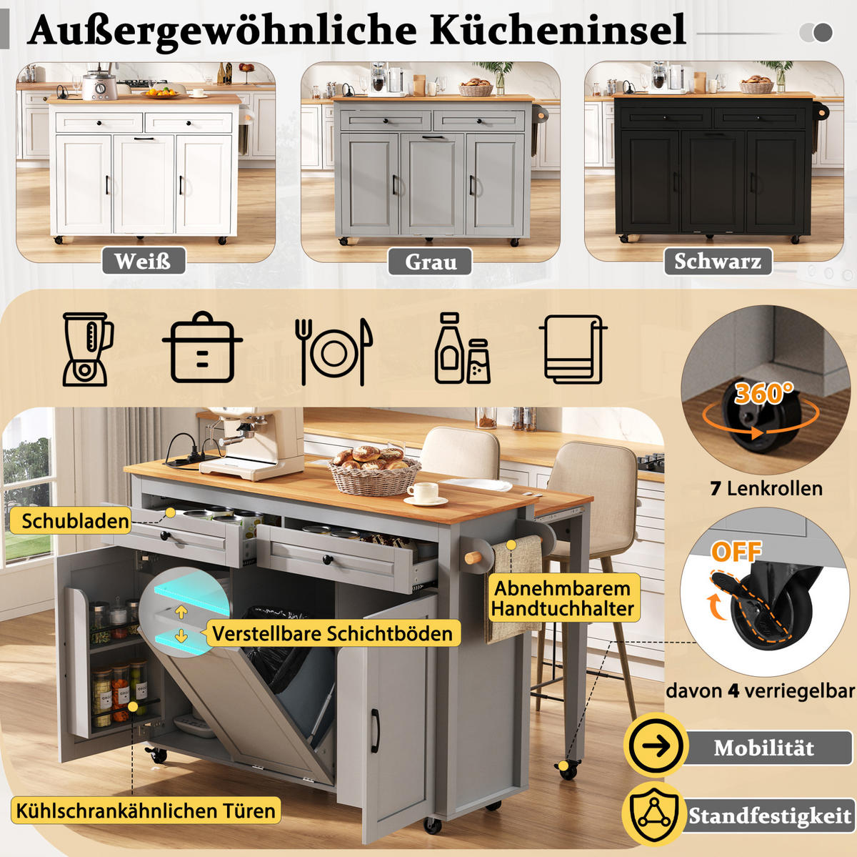 KÜCHENINSEL mit Ausziehplatte und Stauraum 120 cm Grau - Grau, Holz (40/92/120cm) - Beauniv