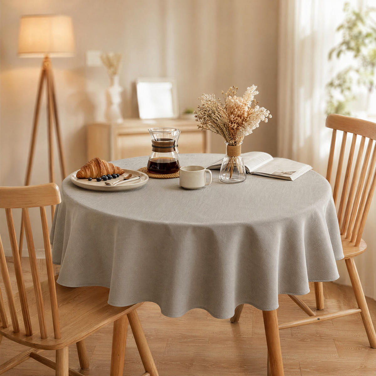 TISCHDECKE rund Ø140cm Hellgrau Leinenoptik Wasserabweisend Waschbar - Grau, Textil (140/140cm) - SHOPENTRA