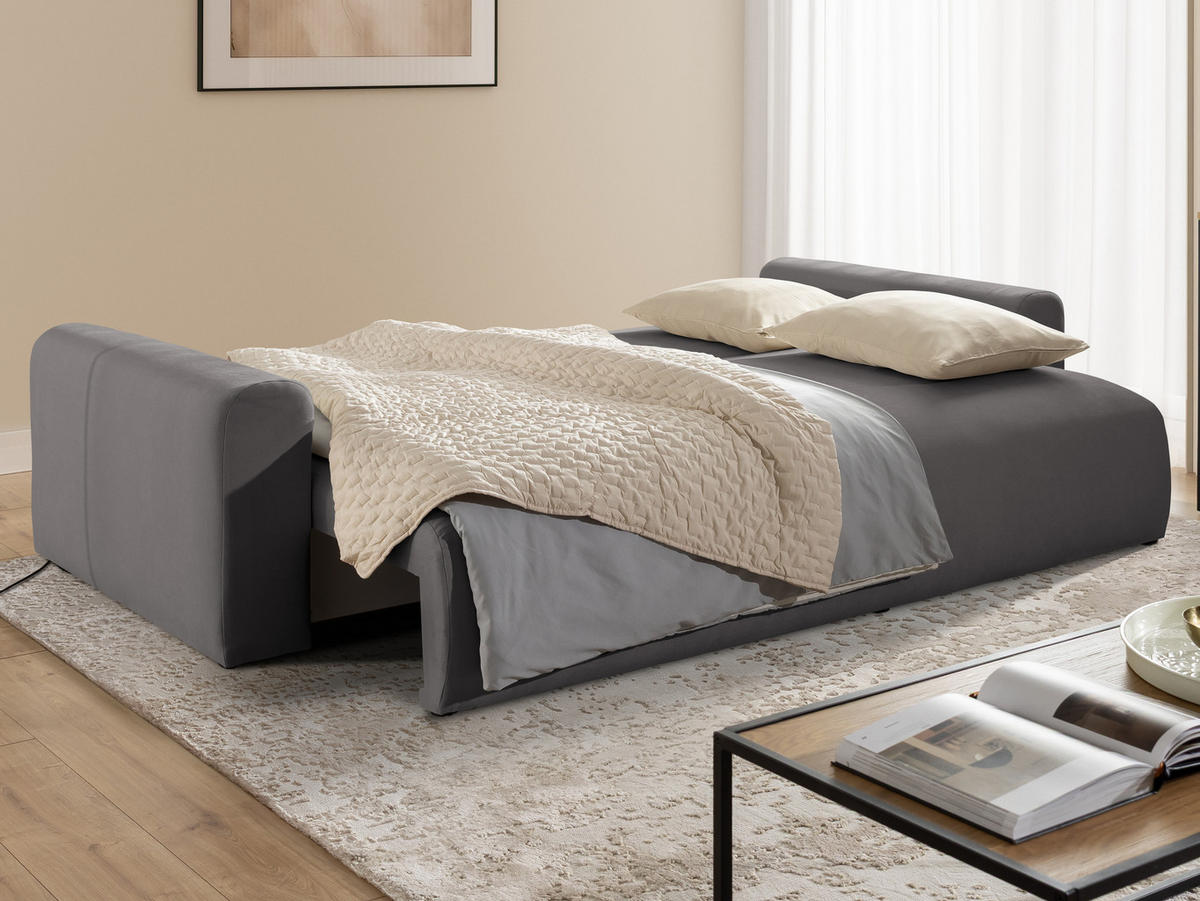 SCHLAFSOFA Calma mit Bettkasten im Bumpy-Design aus weichem Taupe Webstoff - Taupe/Schwarz, Holz/Kunststoff (239/88/98cm) - S-Style