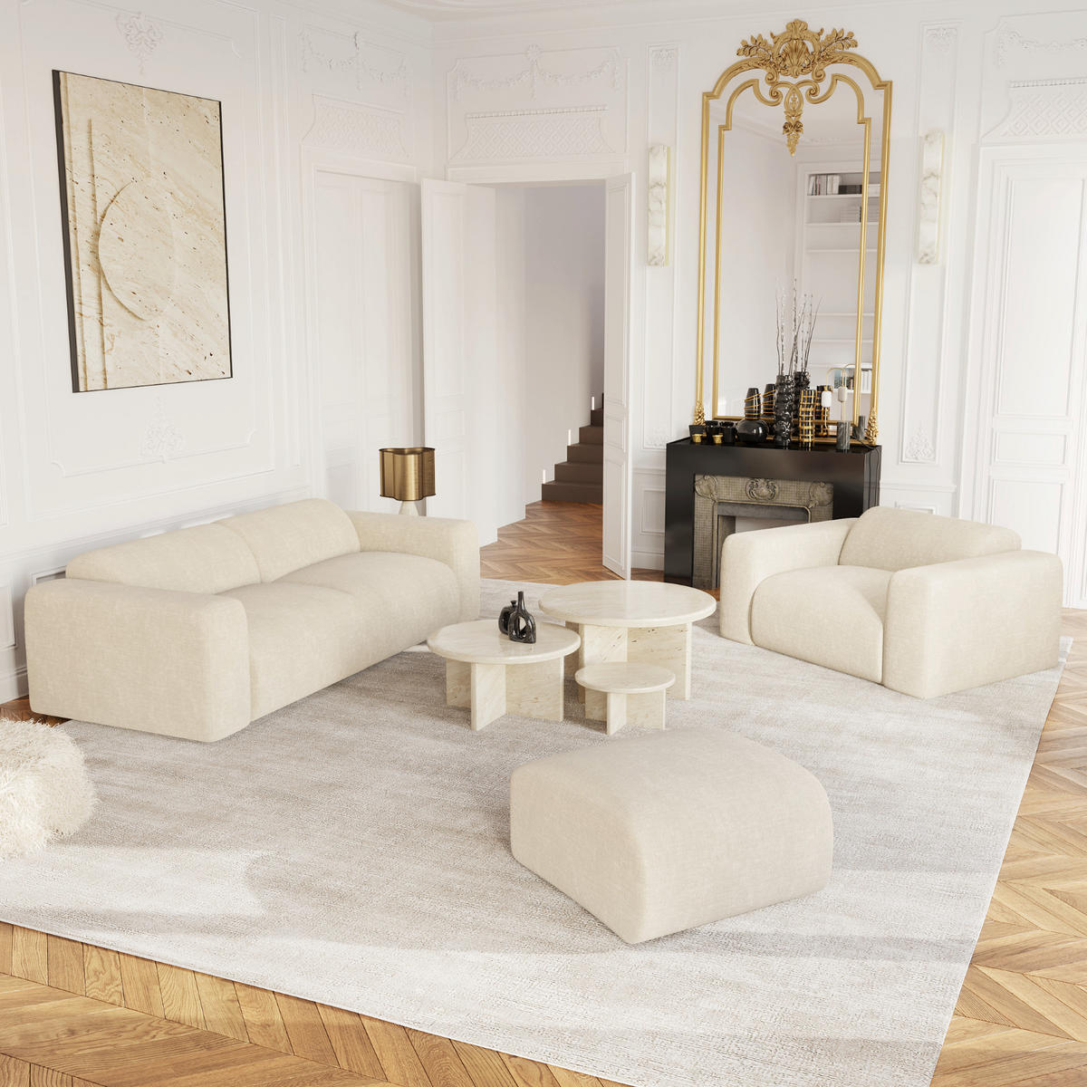 SOFA 3-Sitzer Texturierter Samt Creme 205cm - Creme, Textil (205/73/97cm) - Sia Home