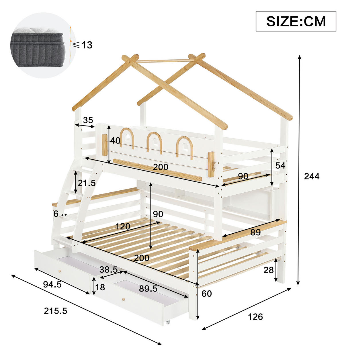 ETAGENBETT Kinderetagenbett 90/200 cm & 120/200 cm Weiß Natur mit Schubladen ohne Matratze - Weiß, Holz (90/200cm) - MIVRAY