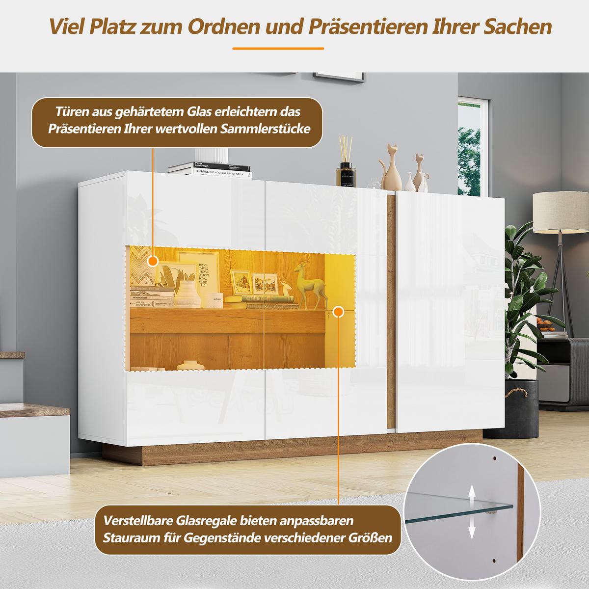 SIDEBOARD, Hochglanz, Glas, Holzsockel, Weiß, 138x38x90.5cm - Weiß, Holzwerkstoff (38/90.5/138cm) - FLIEKS