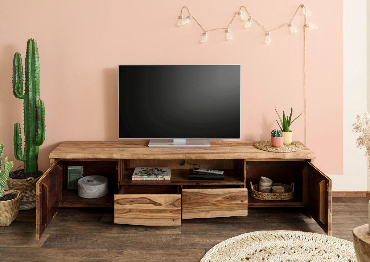 TV-BOARD Sheesham 200x45x50 natur lackiert / sandgestrahlt PURE SHEESHAM #221 - Naturfarben, Holz (200/50/45cm) - Massivmoebel24
