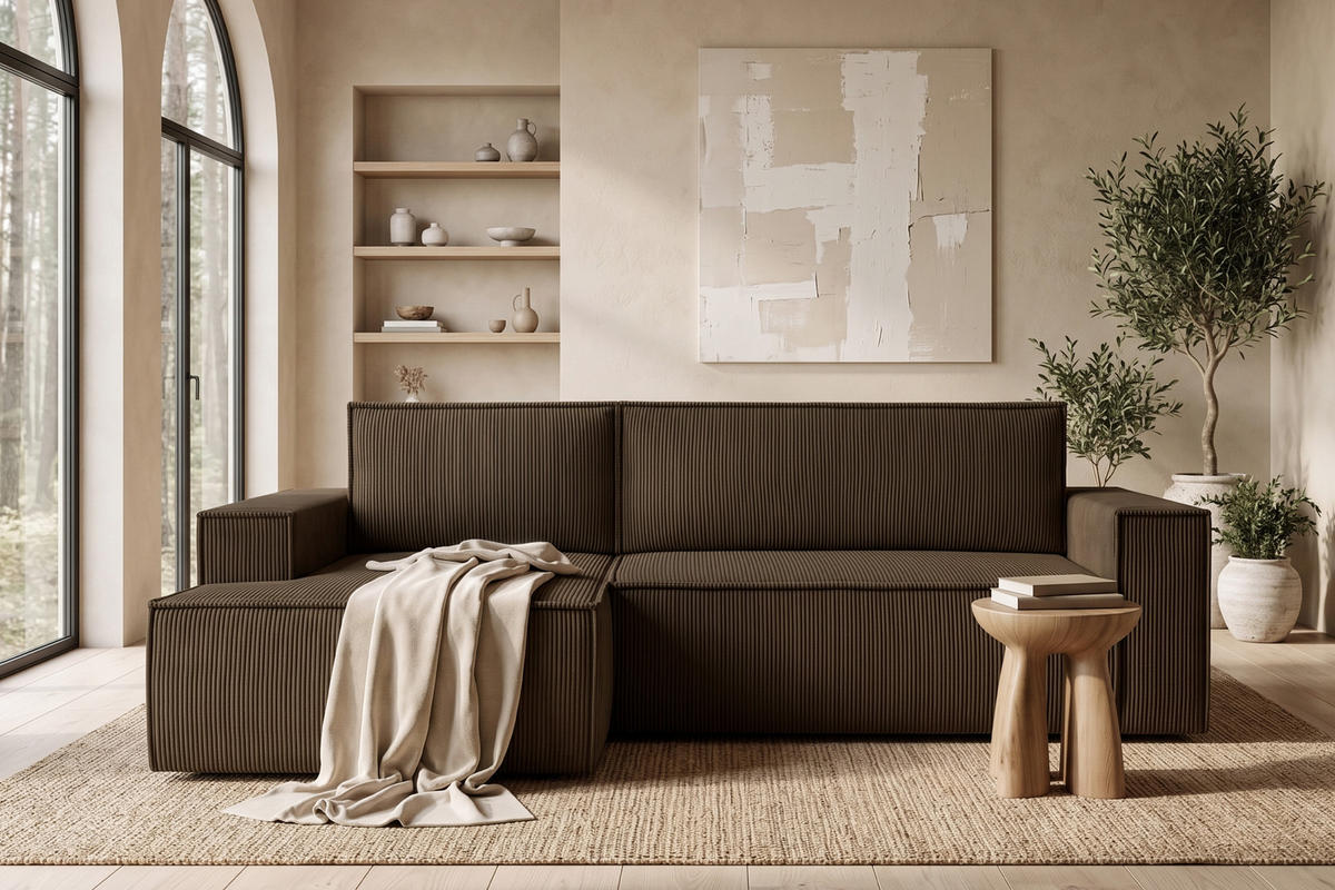 ECKSCHLAFSOFA-LINKS NAPI in Pet Friendly Cord-Stoff, dunkelbraun - Dunkelbraun/Schwarz, Textil (262/148cm) - KONSIMO®