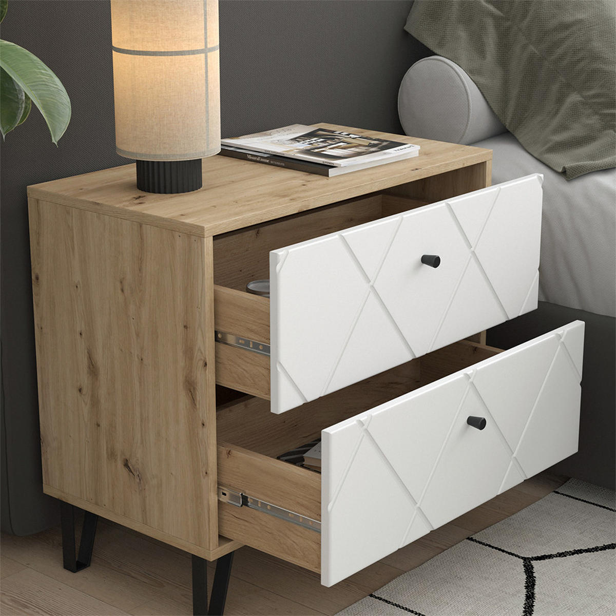 NACHTTISCH Nizza Artisan/Weiß 66 x 60.2 cm mit 2 Schubladen - Eiche Artisan/Weiß, Holzwerkstoff (66/60.2/36cm) - Vicco