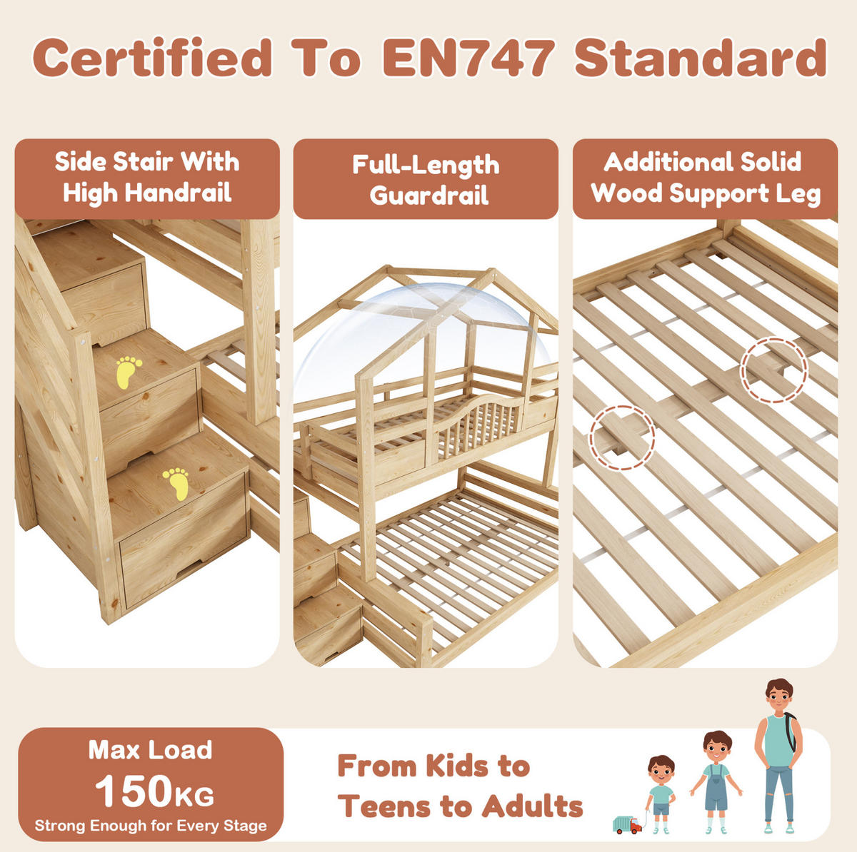 ETAGENBETT 90/140/200 cm aus Holz mit Treppenschrank, Natur - Beige, Holz (90/200cm) - OKMYHOME
