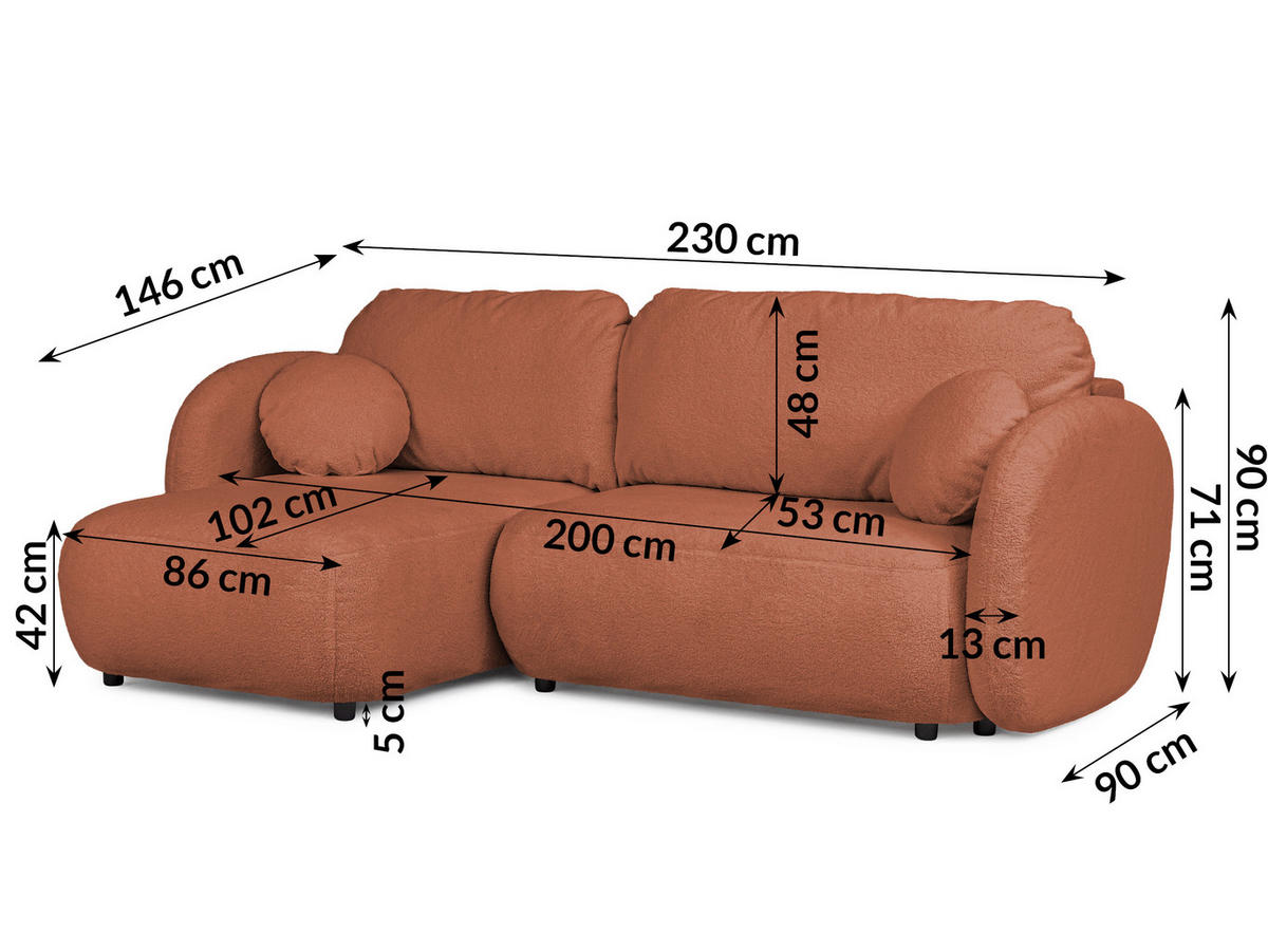 ECKSOFA Candy mit Schlaffunktion Terrakotta Bouclé-Stoff - Ottomane links - Terra cotta/Schwarz, Holz/Kunststoff (230/146cm) - S-Style Möbel
