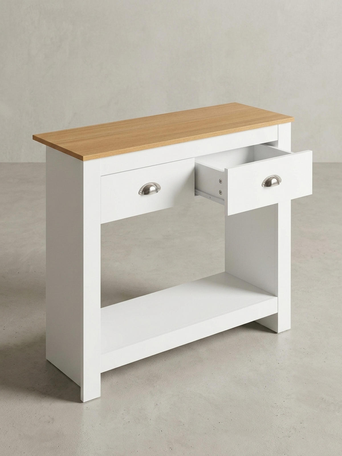 KONSOLENTISCH – Eiche-Weiß, 2 Schubladen, offenes Fach, melaminbeschichtet - Weiß, Holz/Metall (35/85/76cm) - KADIMA DESIGN