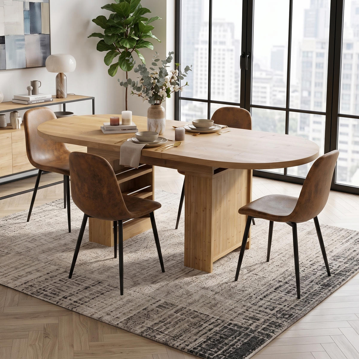 ESSGRUPPE 1+4 Ausziehbarer Tisch 150-200cm Eiche & 4 Vintage Stühle Braun - Eichefarben, Holzwerkstoff (200/76/90cm) - Urban Meuble