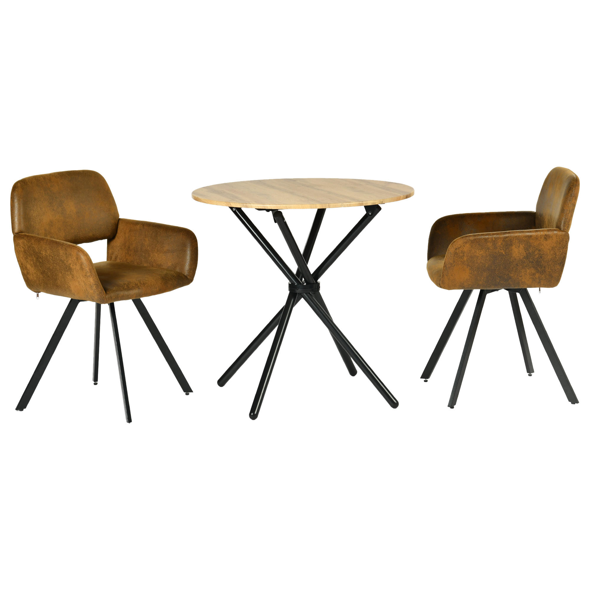 ESSZIMMER SET – 1 Tisch + 2 Stühle – Holzoptik & Wildleder - Braun, Holzwerkstoff/Metall (80/75/80cm) - Urban Meuble