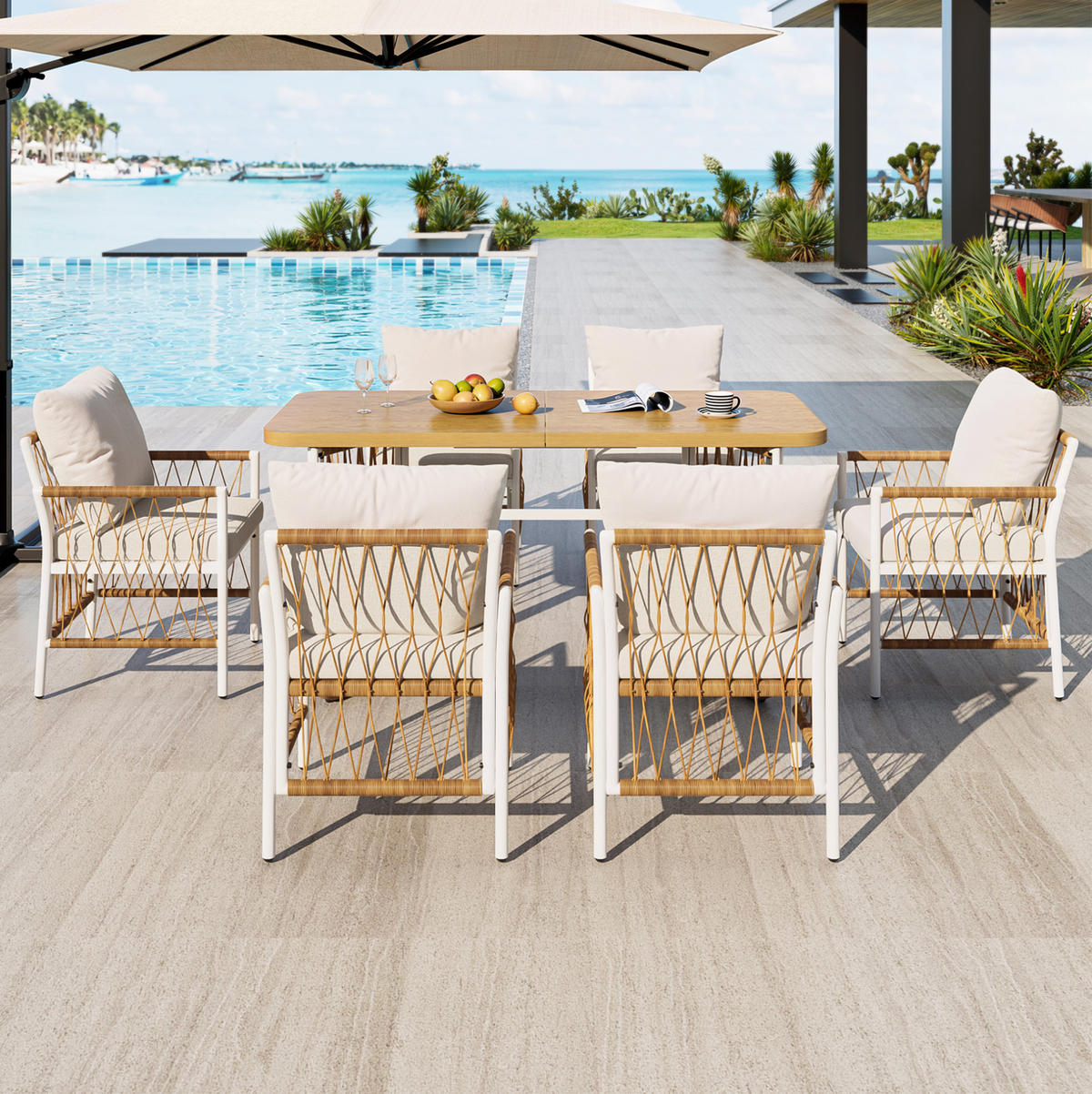 GARTENMÖBEL-SET mit Tisch 159,5 cm Eisen/Rattan 7-tlg. - Beige, Metall - Beauniv