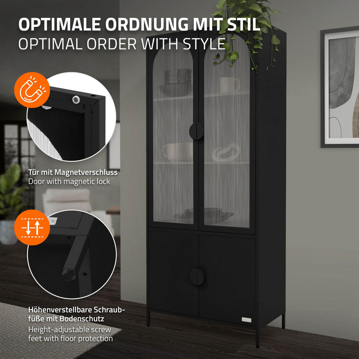 VITRINENSCHRANK 80x185x40 cm Schwarz aus Stahl mit 4 Türen - Schwarz, Metall (80/185/40cm) - ML-DESIGN