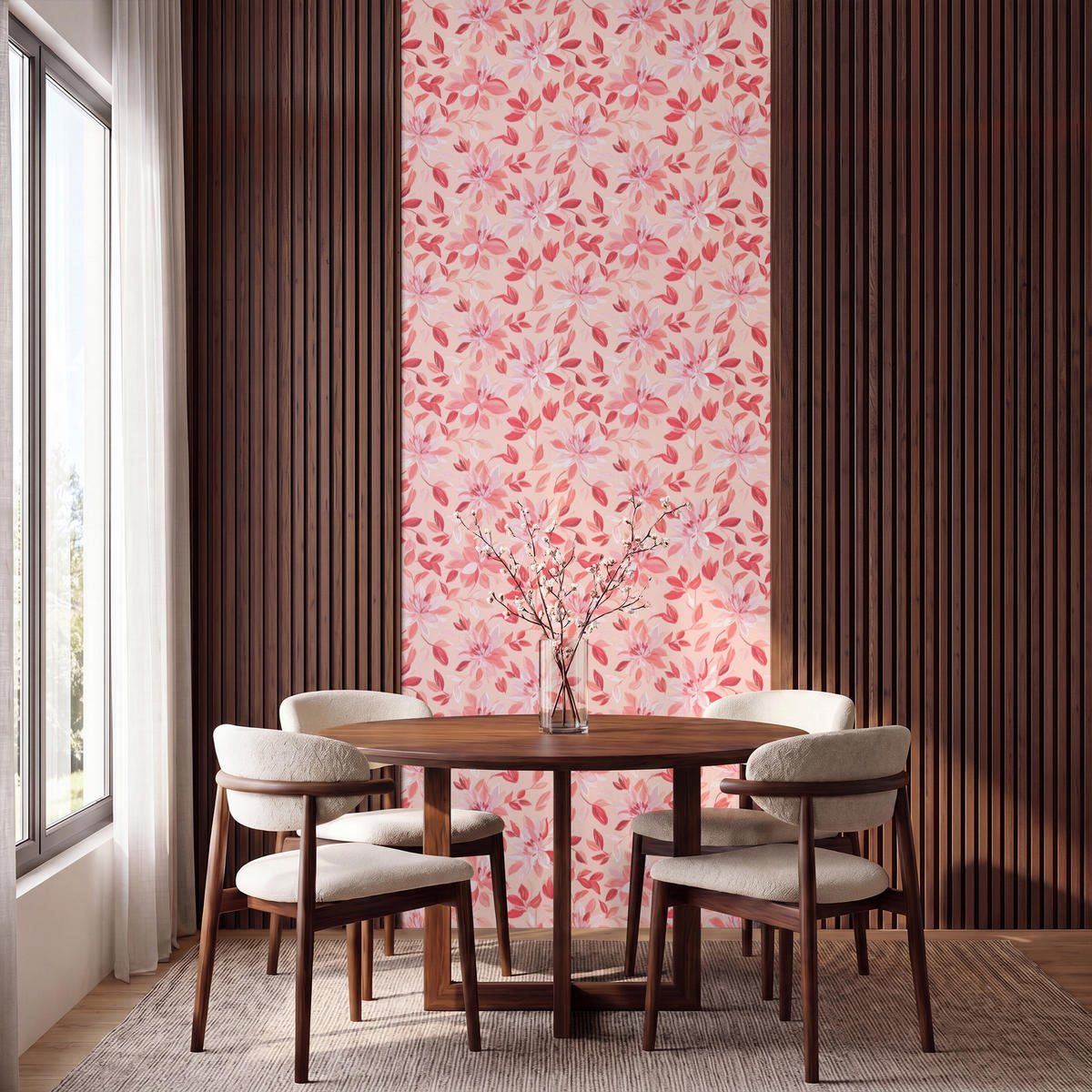 TAPETE - Botanisch - Blumen - Rot - 120x280 cm - Koralle, Papier (120/280cm) - OnlyWow