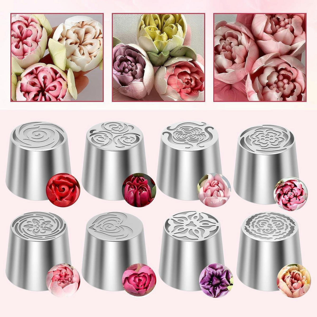 SPRITZTÜLLEN 8-teiliges Set Edelstahl Blumenmuster - Silberfarben, Metall (4.5/4.5/5.5cm)