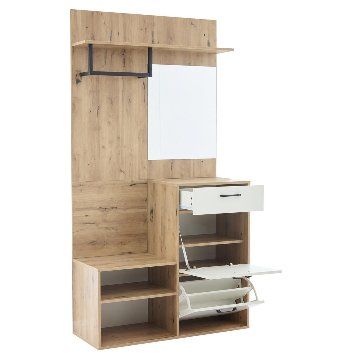 OMARA za čevlje 100/38,5/190 cm z ogledalom, predalom in zložljivimi vrati, prostorna, Bela + naravna - naravne barve, leseni material (38.5/190/100cm) - Redom