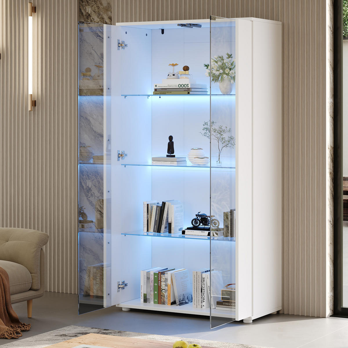 VITRINE 80x36x150 cm Weiß mit LED und 2 Türen - Weiß, Holzwerkstoff (80/150/36cm) - FLIEKS