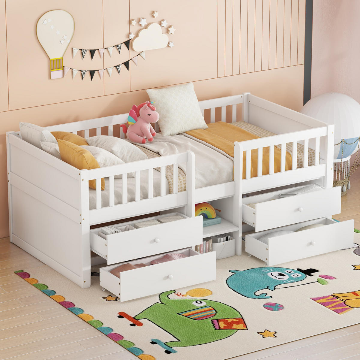 HALBHOHES Bett 90/200 cm mit 4 Schubladen, Sicherheitsgeländer und Leiter aus Kiefer , Weiß - Weiß, Holzwerkstoff (90/200cm) - Redom