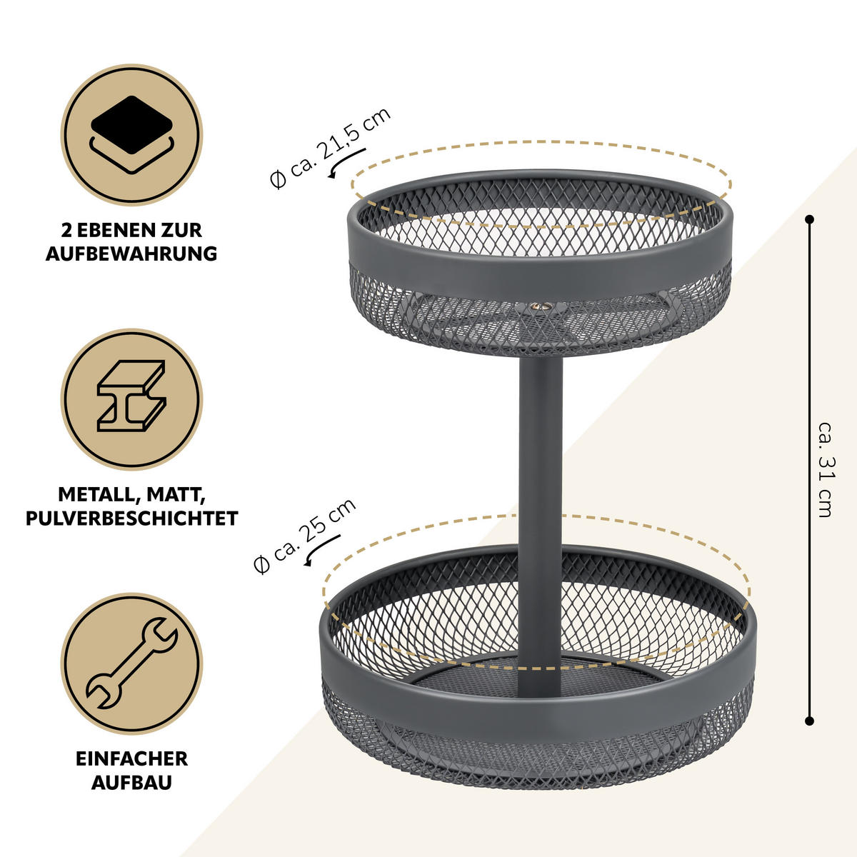 OBSTETAGERE, rund, 2-stöckig, Ø 20 cm und 25 cm, grau, Metall - Grau, Metall (25/31cm) - eluno
