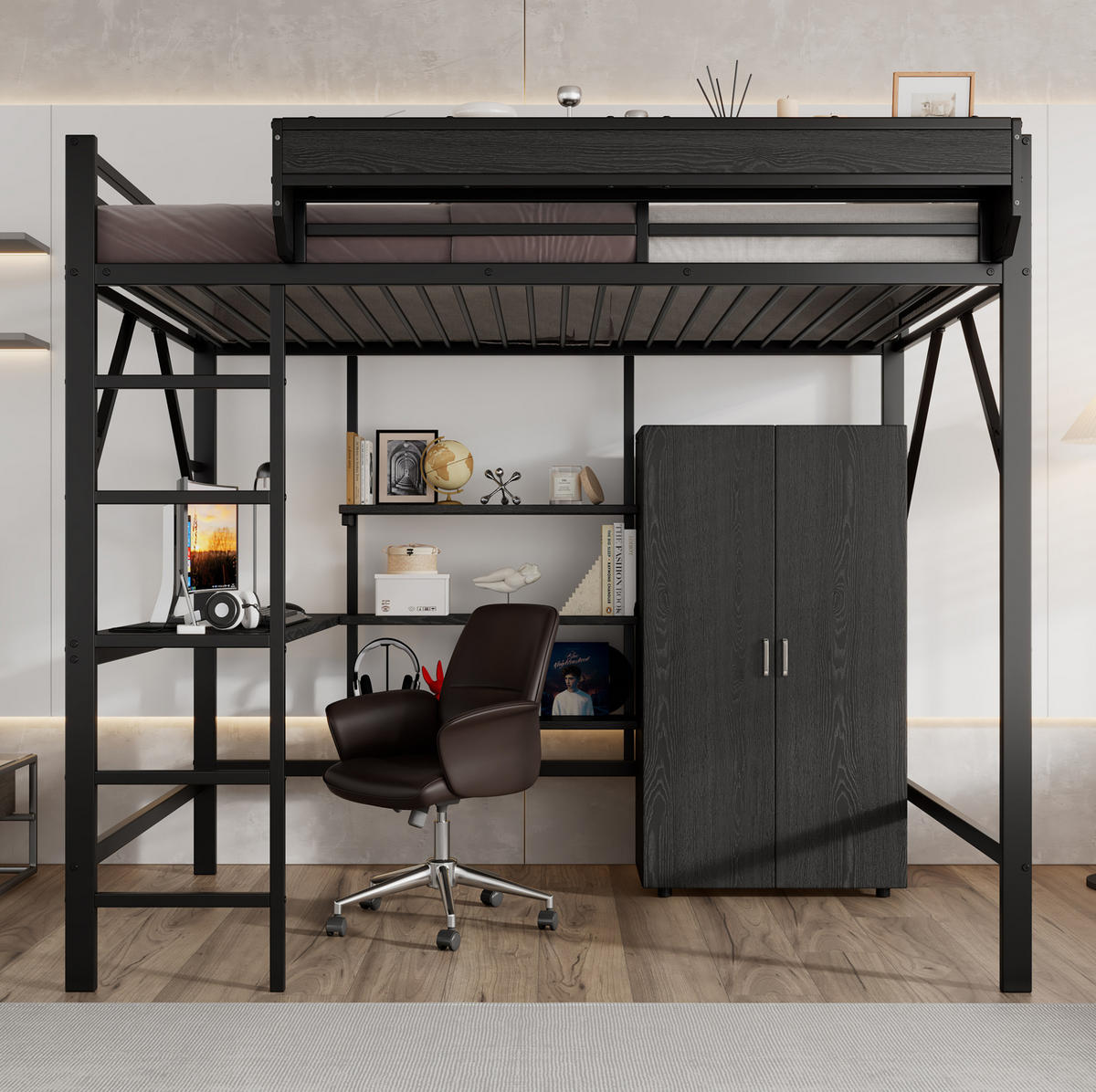 HOCHBETT 140/200 cm in Schwarz mit Schreibtisch, Kleiderschrank und Stauraum - Schwarz, Holzwerkstoff (140/200cm) - BEAOK