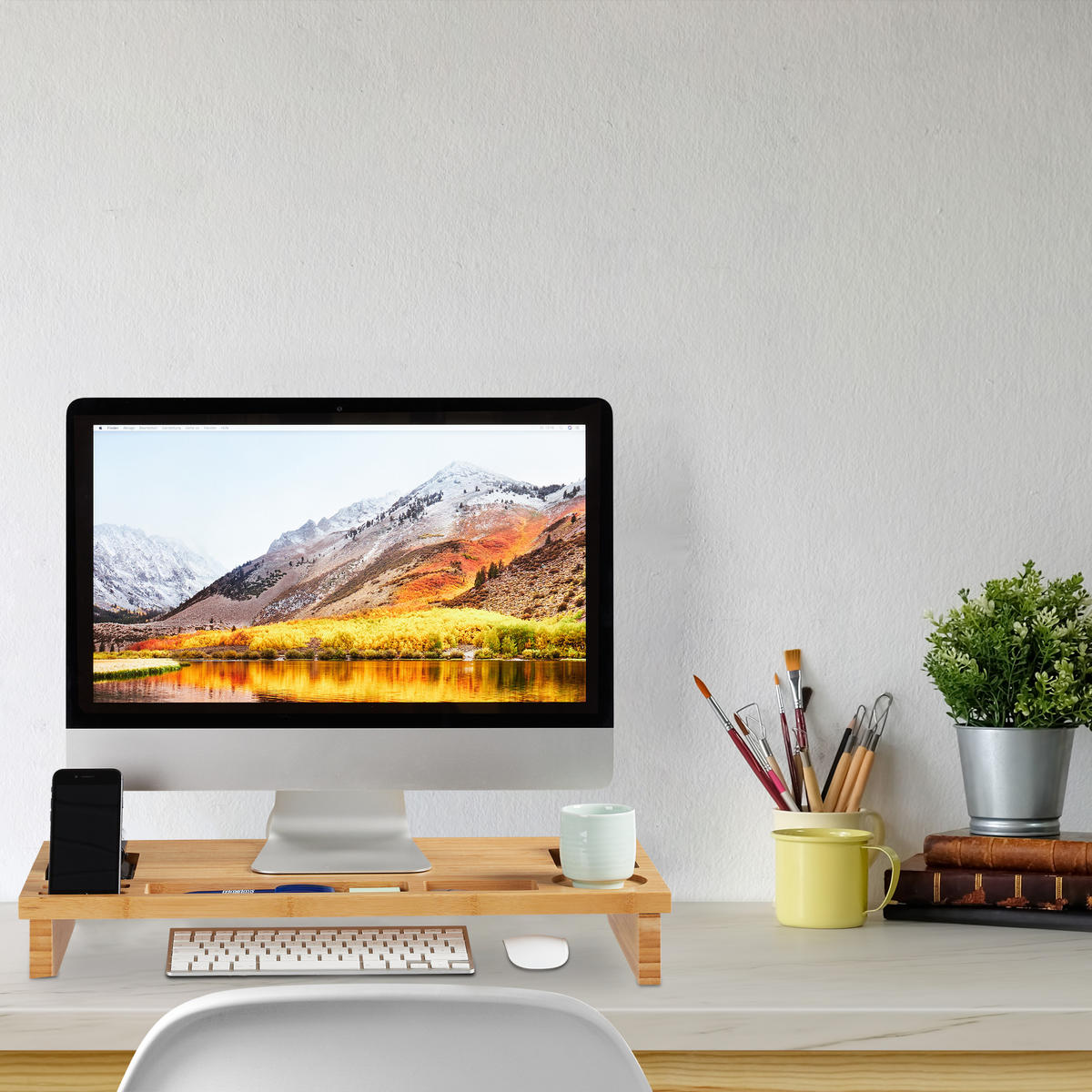 MONITORSTÄNDER Natur Bambus mit 7 Fächern 60x30 cm - Hellbraun, Holz (30/60/9cm) - Relaxdays