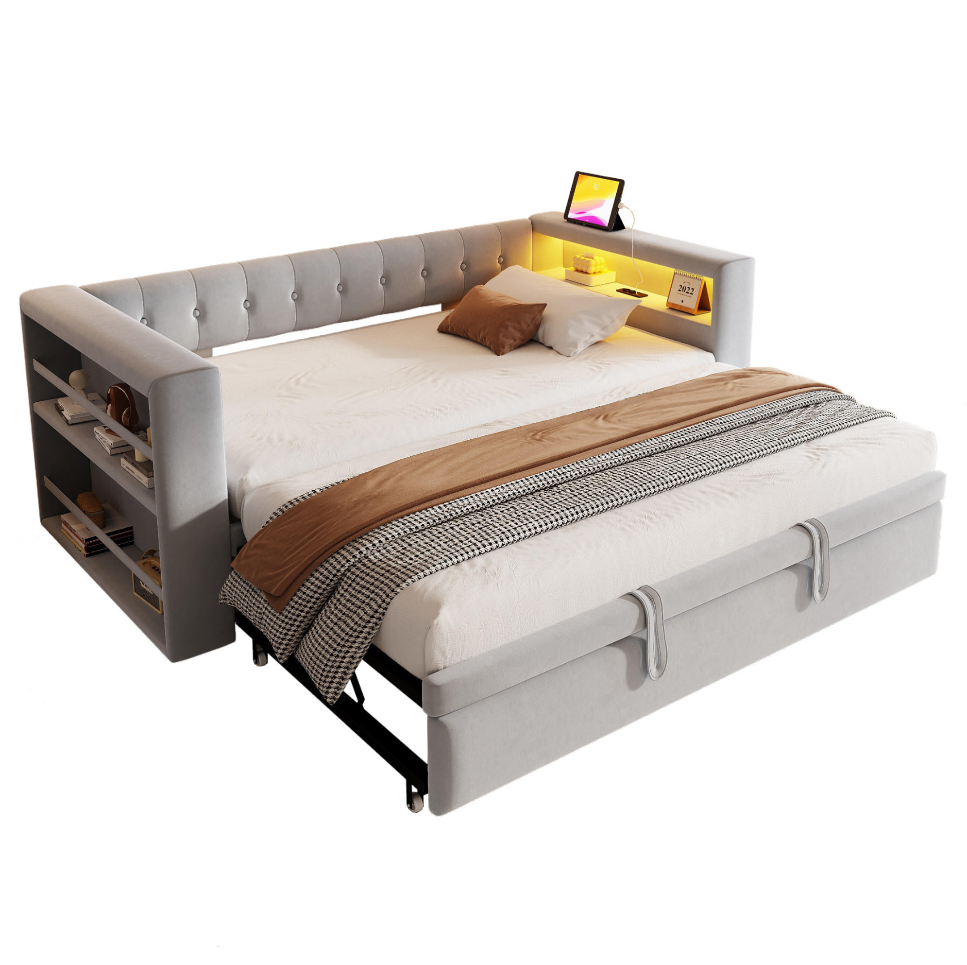 POLSTERBETT 90/190 cm mit LED-Beleuchtung, Steckdose und Armlehnen-Stauraum, Flanell, Hellgrau - Hellgrau, Textil (90/190cm) - Redom