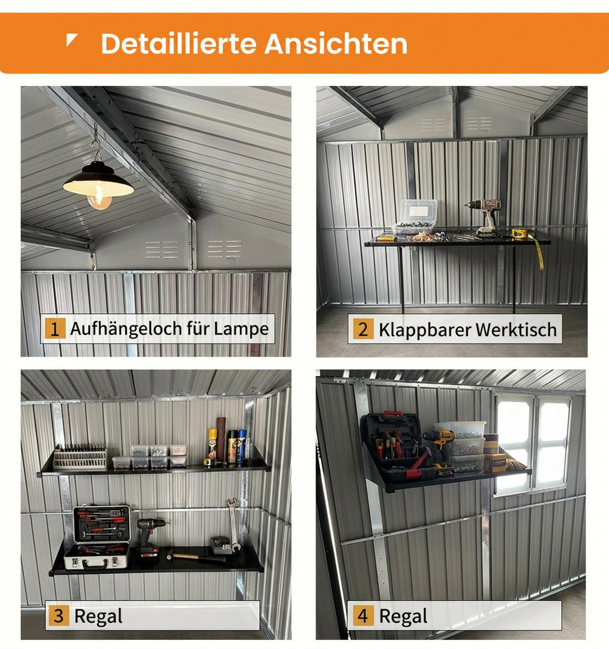 GERÄTEHAUS 374.9/307.8/204.8 cm Weiß mit Tür, Schloss, Fenster, klappbarem Tisch und Regalen (10,34m²) - Weiß, Metall (307.8/204.8/374.93cm) - Oxeza