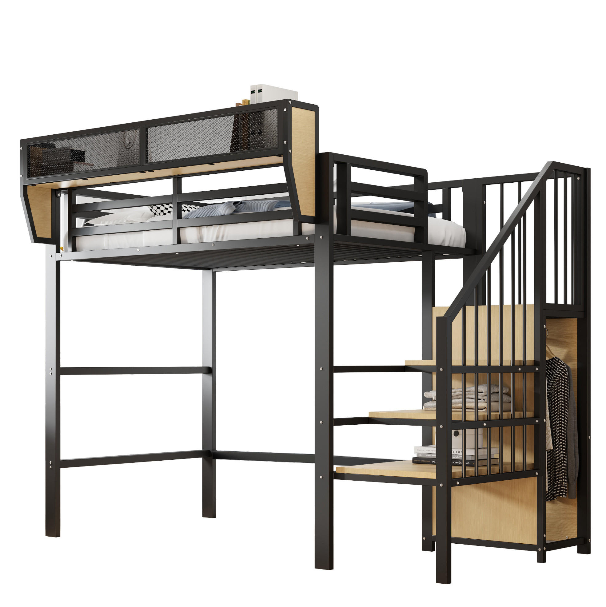 HOCHBETT 90/200 cm mit Sicherheitsleiter und flexiblem Regal, platzsparendes Metallbett, Schwarz - Schwarz, Metall (90/200cm) - Redom