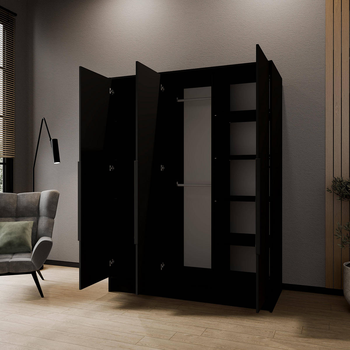 FLÜGELTÜRENSCHRANK LUSSO - Schwarz, Holzwerkstoff (150/200/51cm) - Meblini