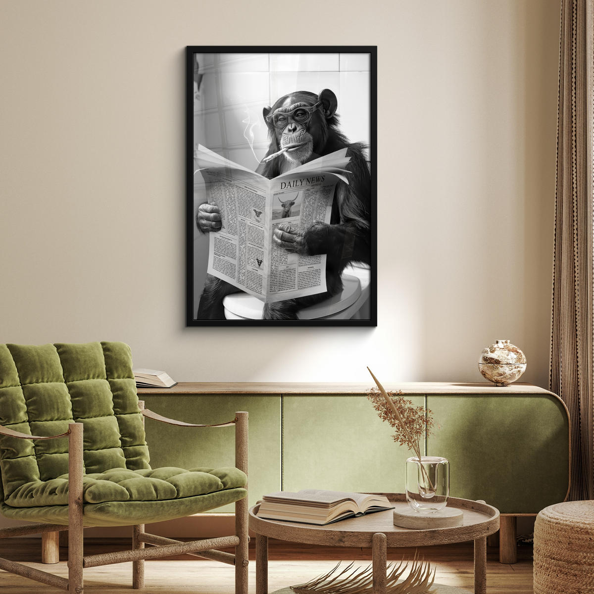 ZARÁMOVANÝ PLAGÁT Opica - WC - Noviny - Čiernobiele - Humor 60x90 cm - svetlosivá, papier (60/90cm) - MuchoWow