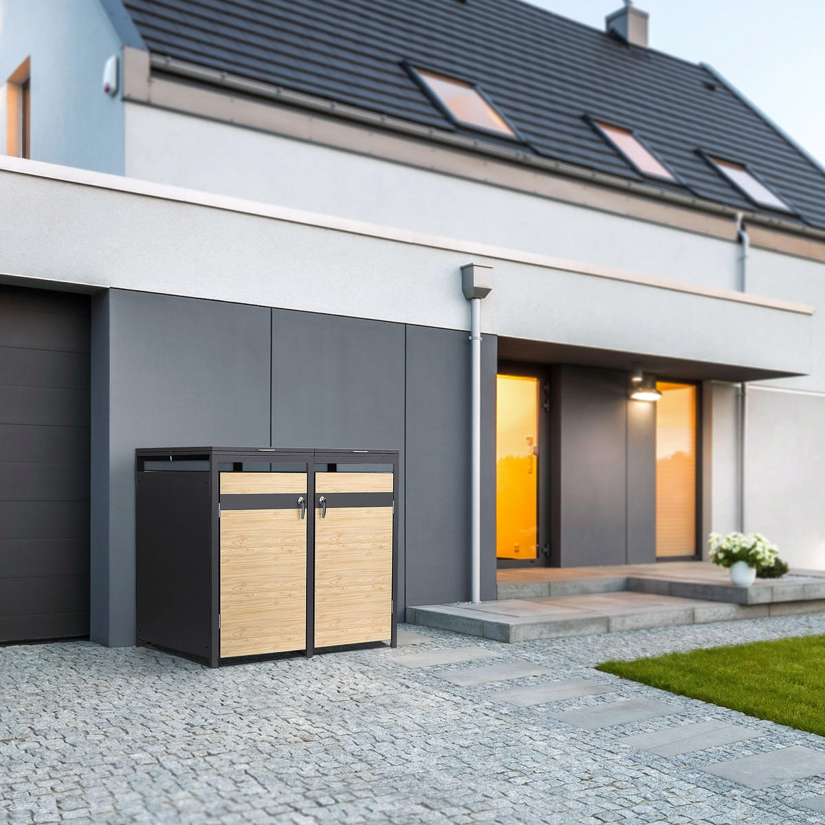 MÜLLTONNENBOX 3er Anthrazit-Lärchenoptik - Hellbraun, Metall (200/120/80cm) - ML-DESIGN