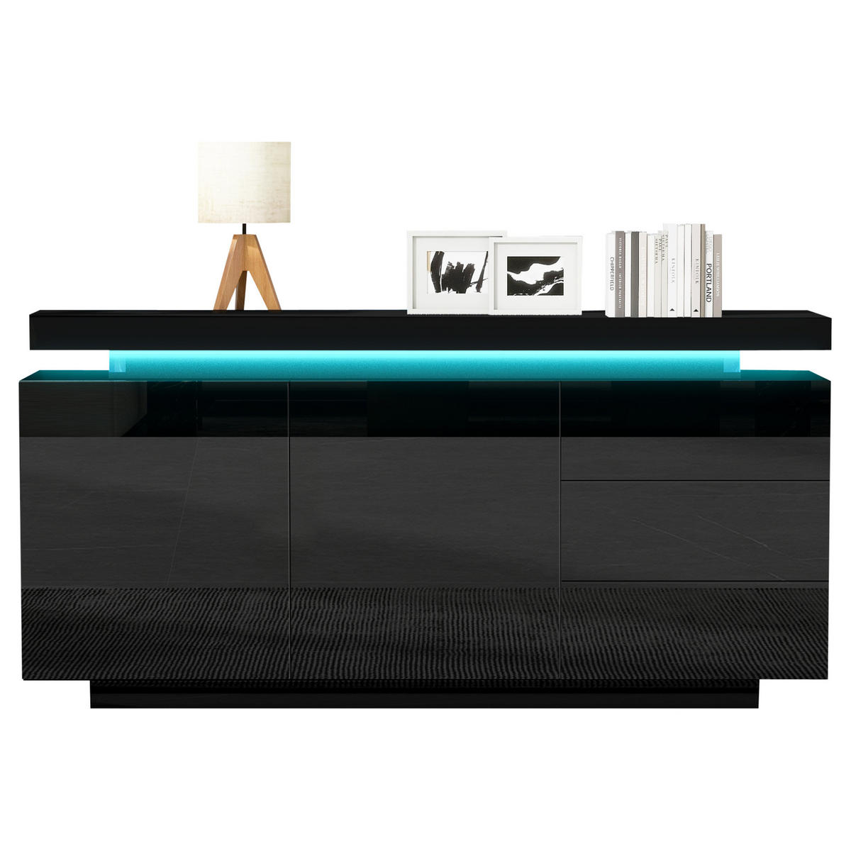 SIDEBOARD aus Spanplatte, Hochglanz-Fronten, mit RGB-LED und 3 Schubladen, 140/35/72,5 cm, Schwarz - Schwarz, Holzwerkstoff (38/72/140cm) - Redom