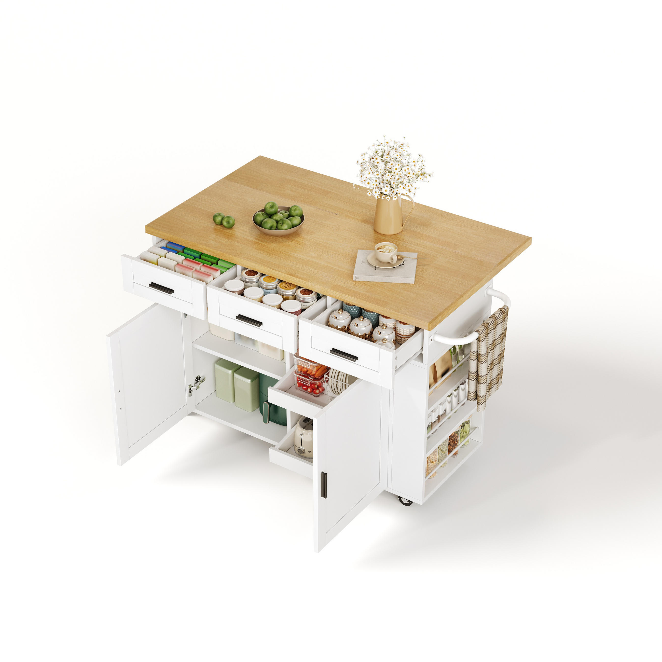 KÜCHENINSEL 84 cm MDF Natur Weiß mit Klappbarer Arbeitsplatte und USB-Steckdose - Weiß, Holzwerkstoff (70/84/120cm) - Korfee