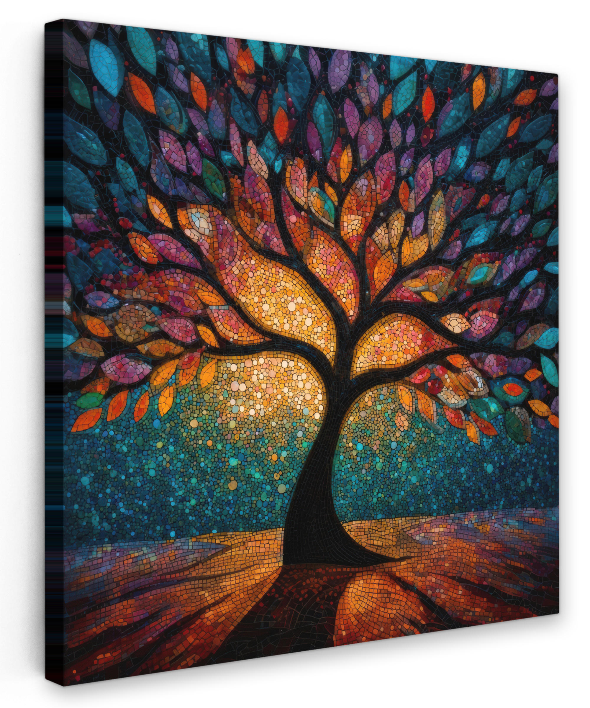 LEINWANDBILD Mosaik - Bunt - Baum - Äste Wandbild Wohnzimmer 50x50 cm - Multicolor, Textil (50/50cm) - MuchoWow
