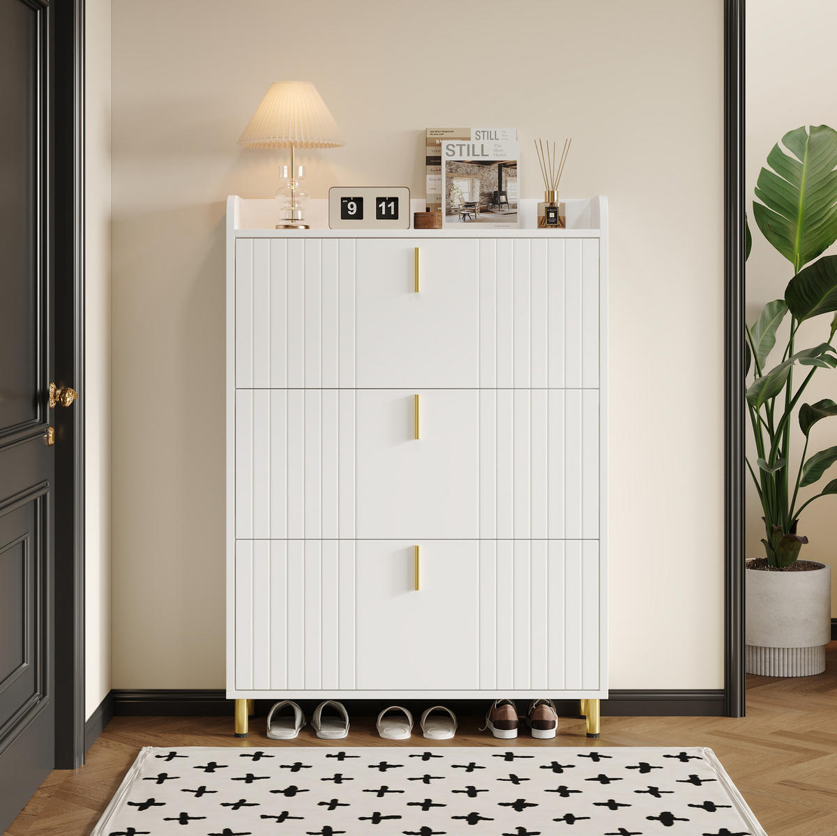 SCHUHSCHRANK 80/23/123,5 cm aus MDF mit 3 Klappen und verstellbaren Einlegeböden, platzsparend, Weiß - Weiß, Holzwerkstoff (80/123.5/23.5cm) - Redom