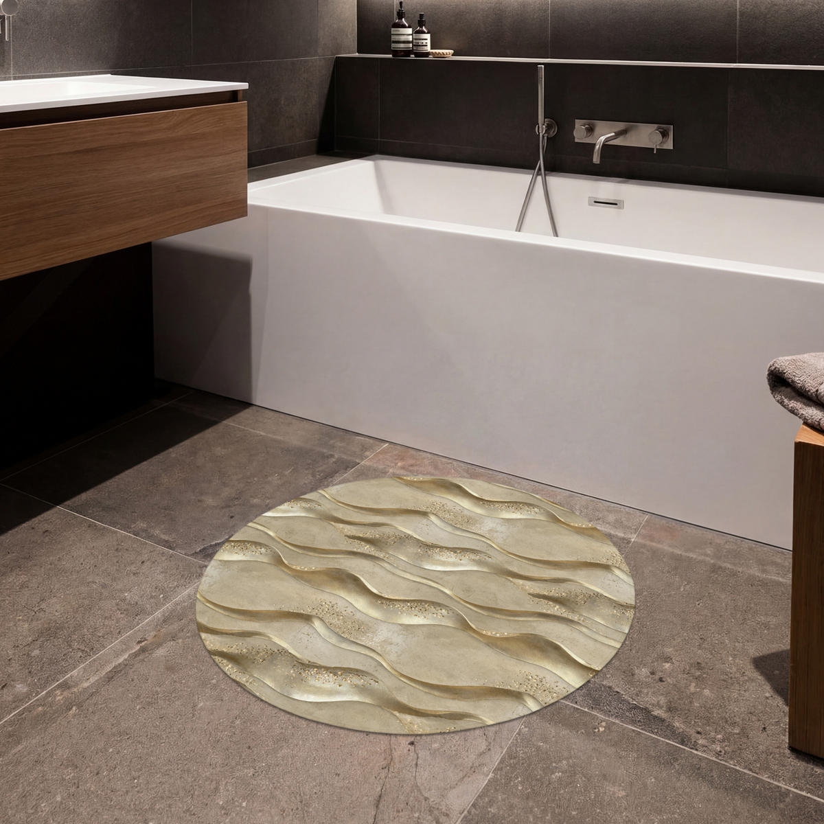 KOUPELNOVÁ PŘEDLOŽKA Vlny - vzor - zlaté 70x70 cm - barva mosazi, textil/plast (70/70cm)