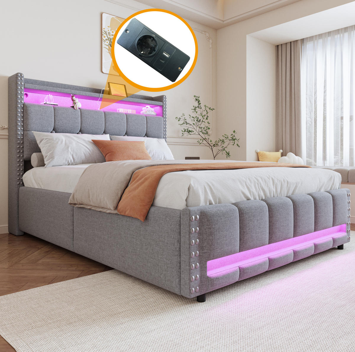 POLSTERBETT mit LED-Beleuchtung 140/200 cm mit Bettkasten und USB, Hellgrau - Hellgrau, Textil (140/200cm) - BEAOK