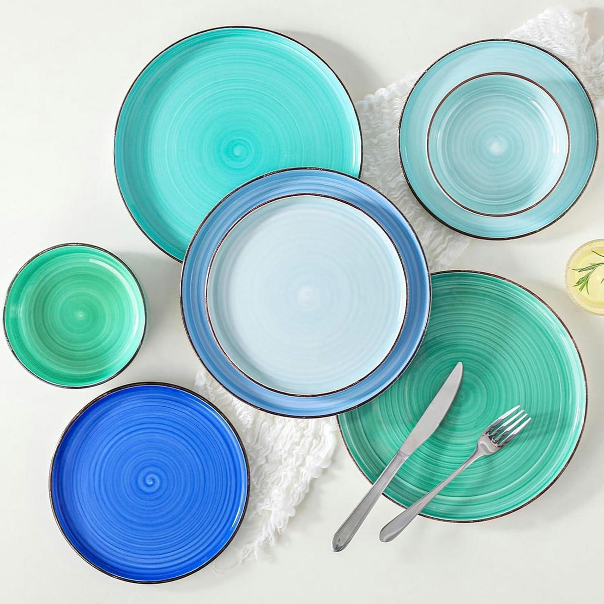 TAFELSERVICE 24-teiliges Set Steingut Blau - Multicolor, Keramik (30.5/30.5/55.9cm)