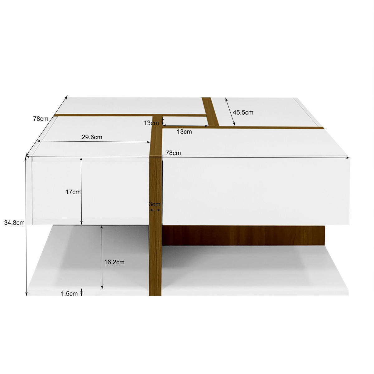 KLUBSKA miza iz iverne plošče, 78/78/34,8 cm bela/dekor lesa, s 4 predali - bela, leseni material (78/78/34.8cm) - BEAOK