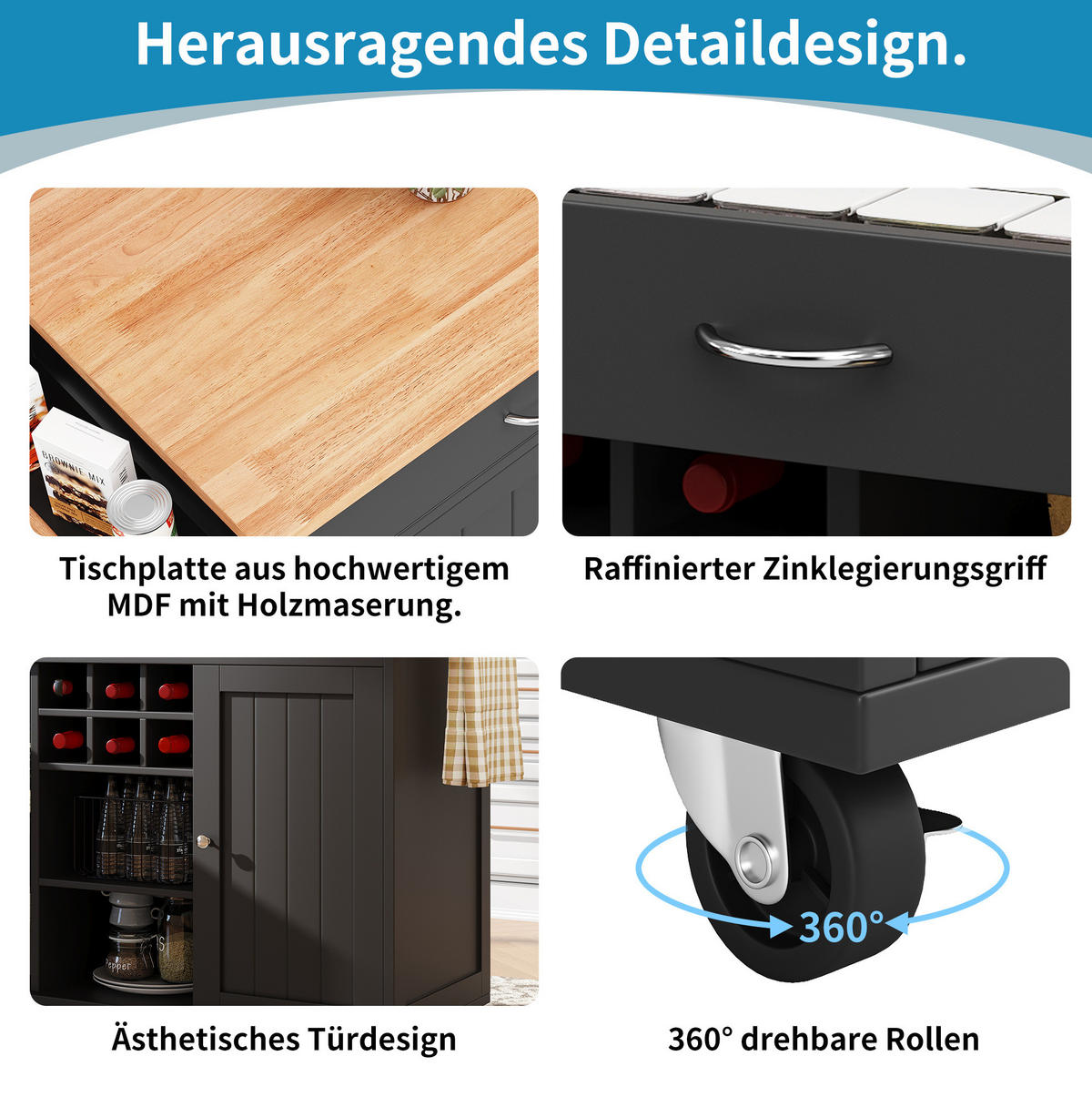 KÜCHENINSEL 102/45/92 cm aus MDF und Metall mit Rollen und verstellbarem Stauraum Schwarz - Schwarz, Holzwerkstoff (102/92/45cm) - Modenvie