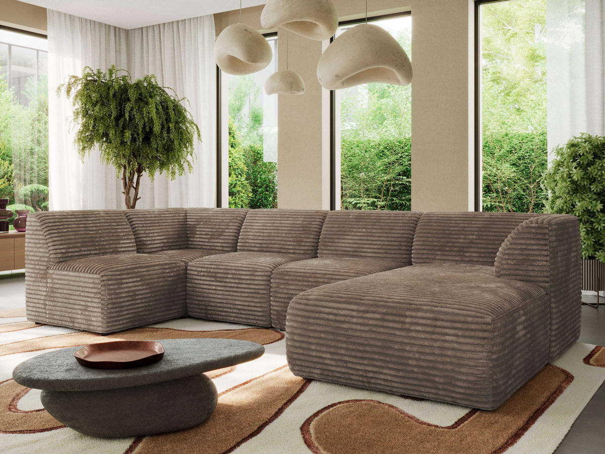 WOHNLANDSCHAFT MODARO U 5M - Braun Cord - Rechts - Schwarz/Braun, Textil (345/78/180cm) - MKS