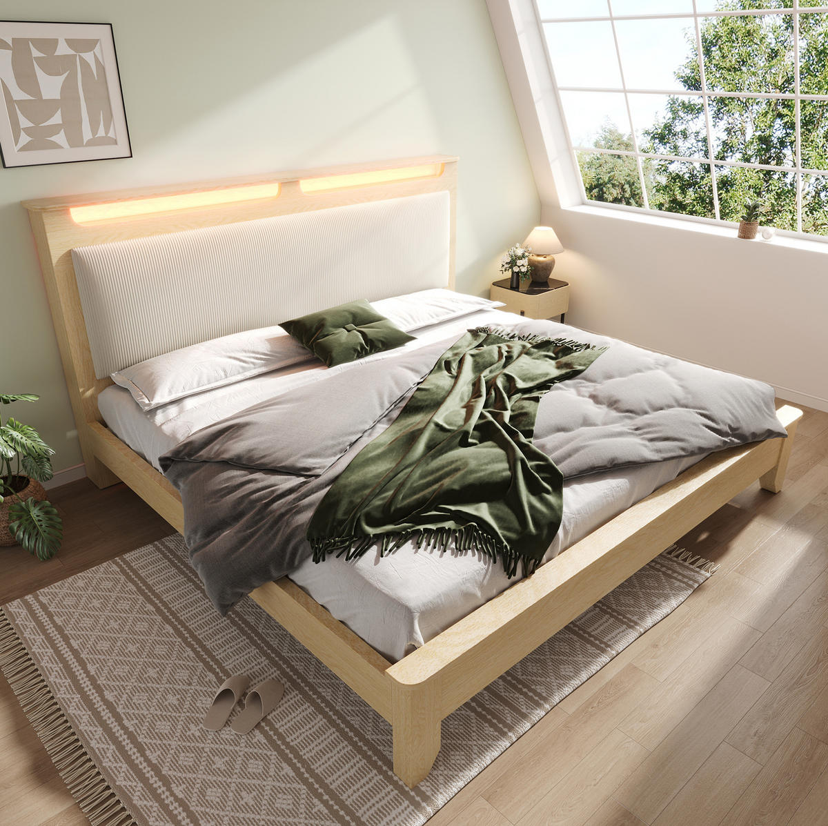 POLSTERBETT mit LED-Beleuchtung 140/200 cm mit gepolstertem Kopfteil - Beige, Textil (140/200cm) - BEAOK