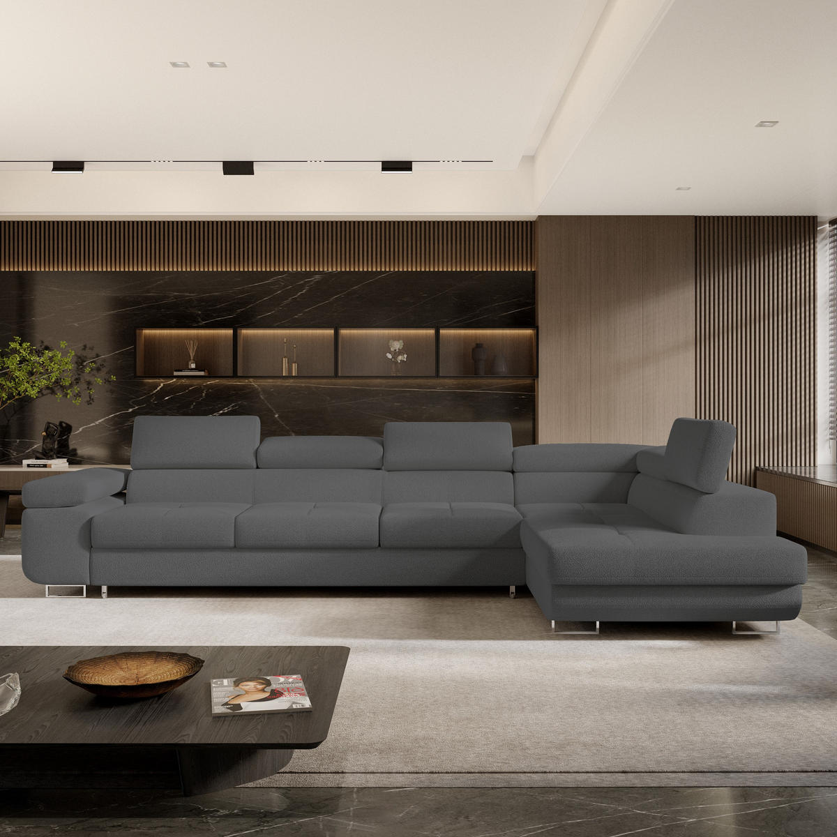 ECKSOFA VICENTE Grau Boucle-Stoff mit Schlaffunktion - Grau, Holz (346/202cm) - MASSENO