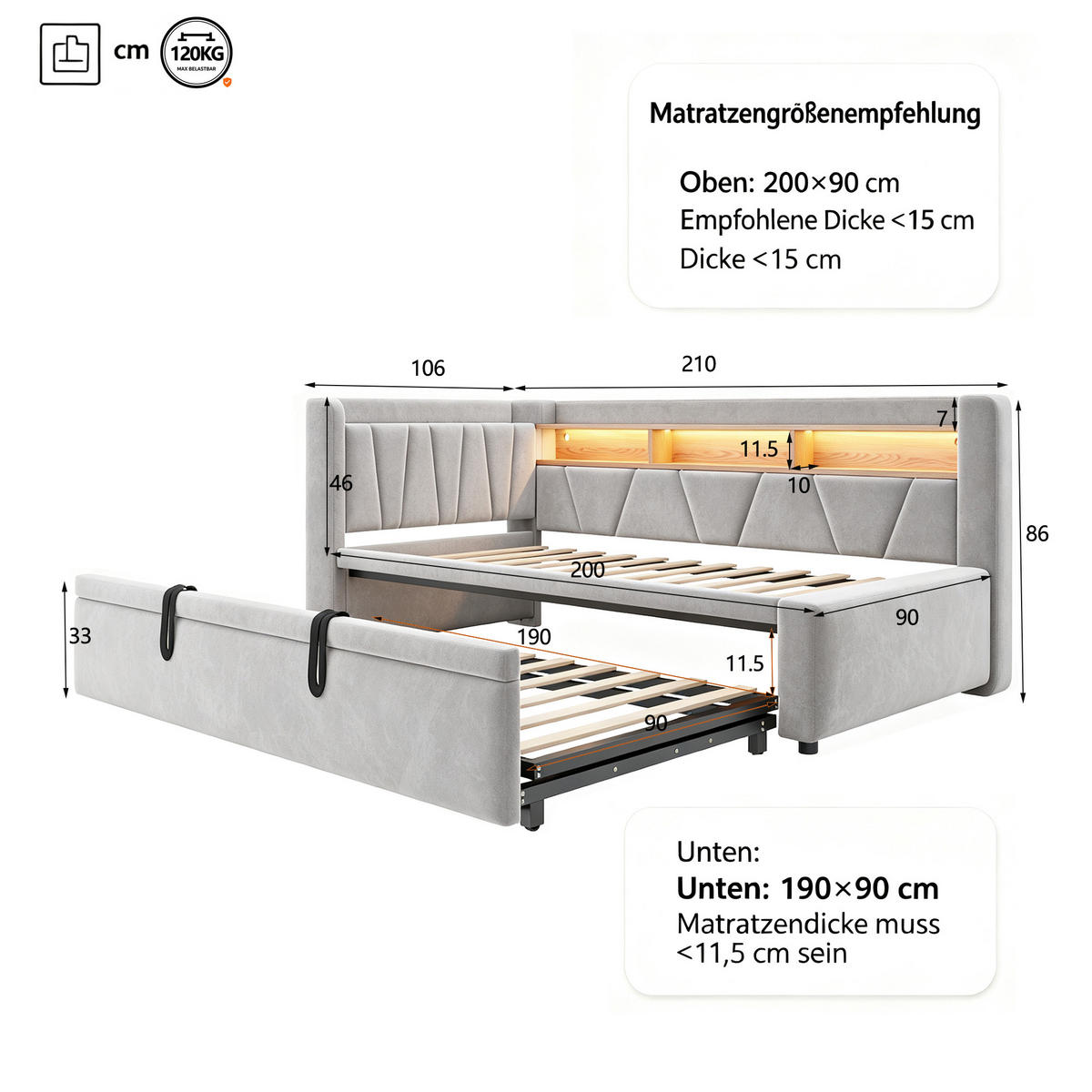 TAGESBETT 90x200/90x190 mit LED, USB/Stauraum, 3-in-1 Funktion, Samt, Grau - Grau, Holz (90/200cm) - LVHOM