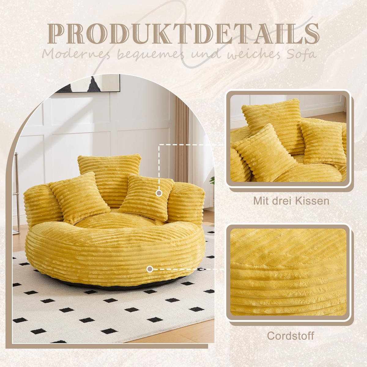 SITZSACK in Chenille mit 3 Kissen - Gelb, Textil (108/52/108cm) - Urban Meuble