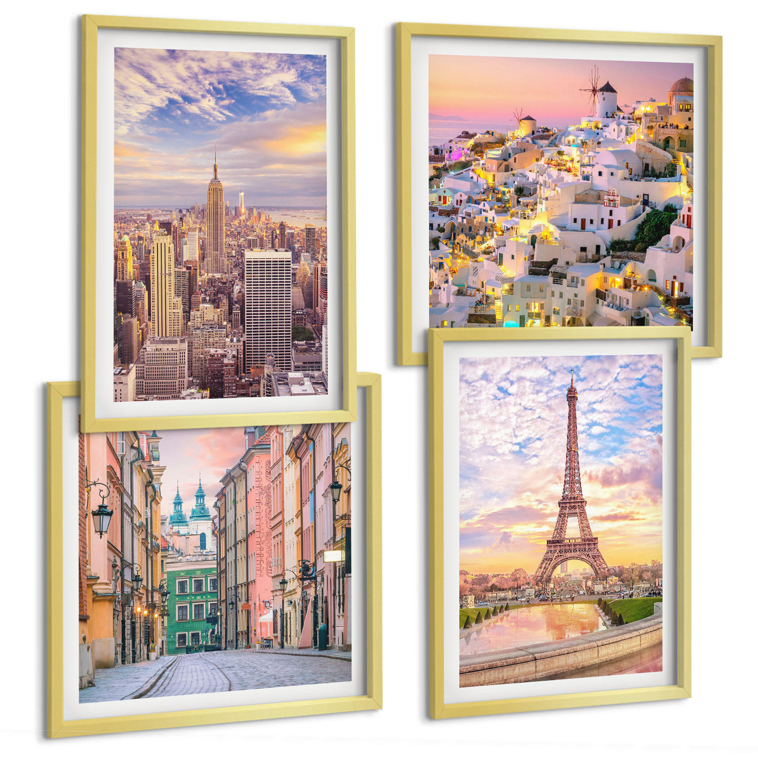 BILDER SET 4er Set - 50x50 cm & 40x60 cm Goldrahmen - New York Paris Oia Warschau Dämmerung - Goldfarben, Kunststoff (50/50cm) - TULUP
