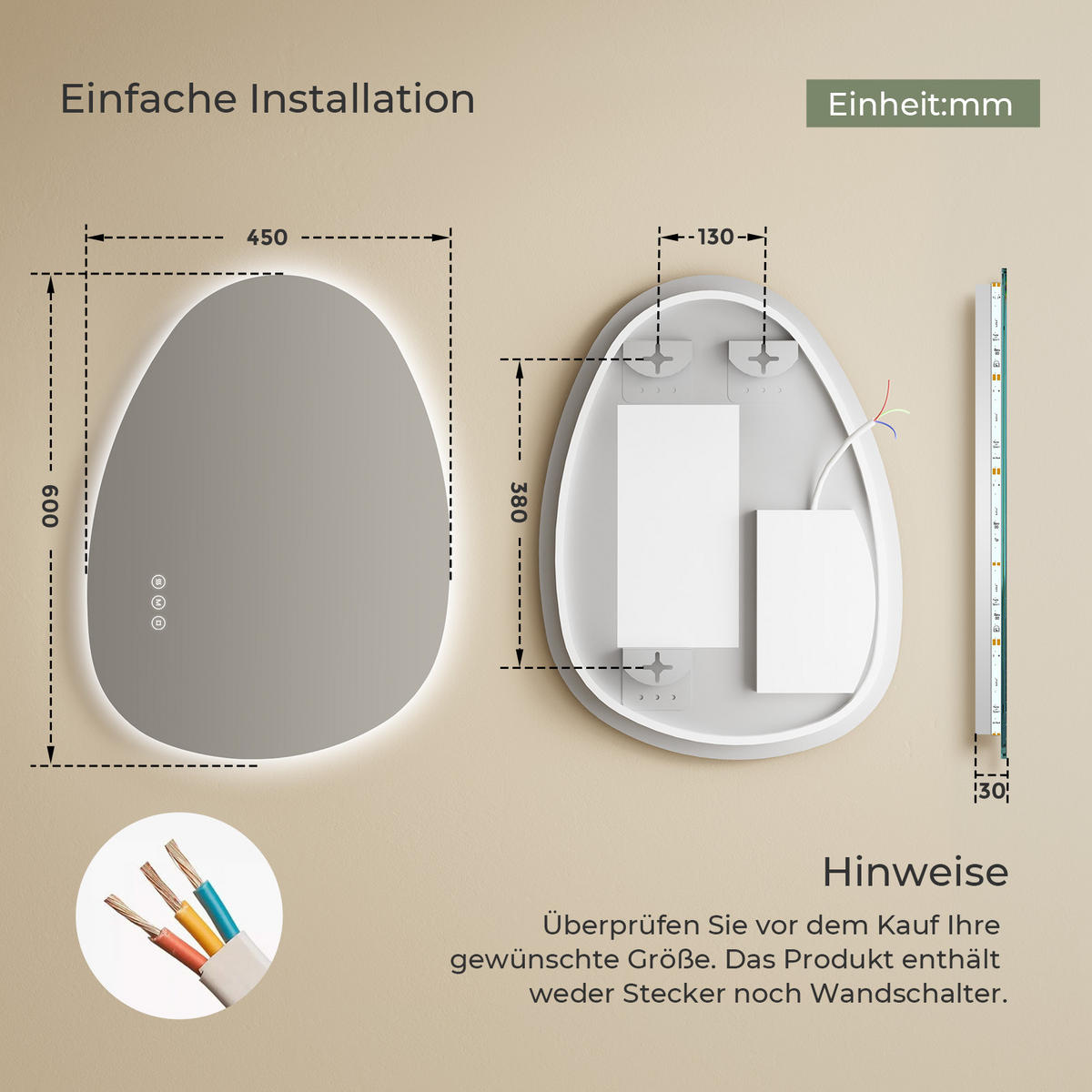 BADSPIEGEL MIT BELEUCHTUNG 60/45 cm asymmetrisch mit dimmbarer LED-Beleuchtung und Antibeschlag - Transparent, Glas (45/60/2.5cm) - S'AFIELINA